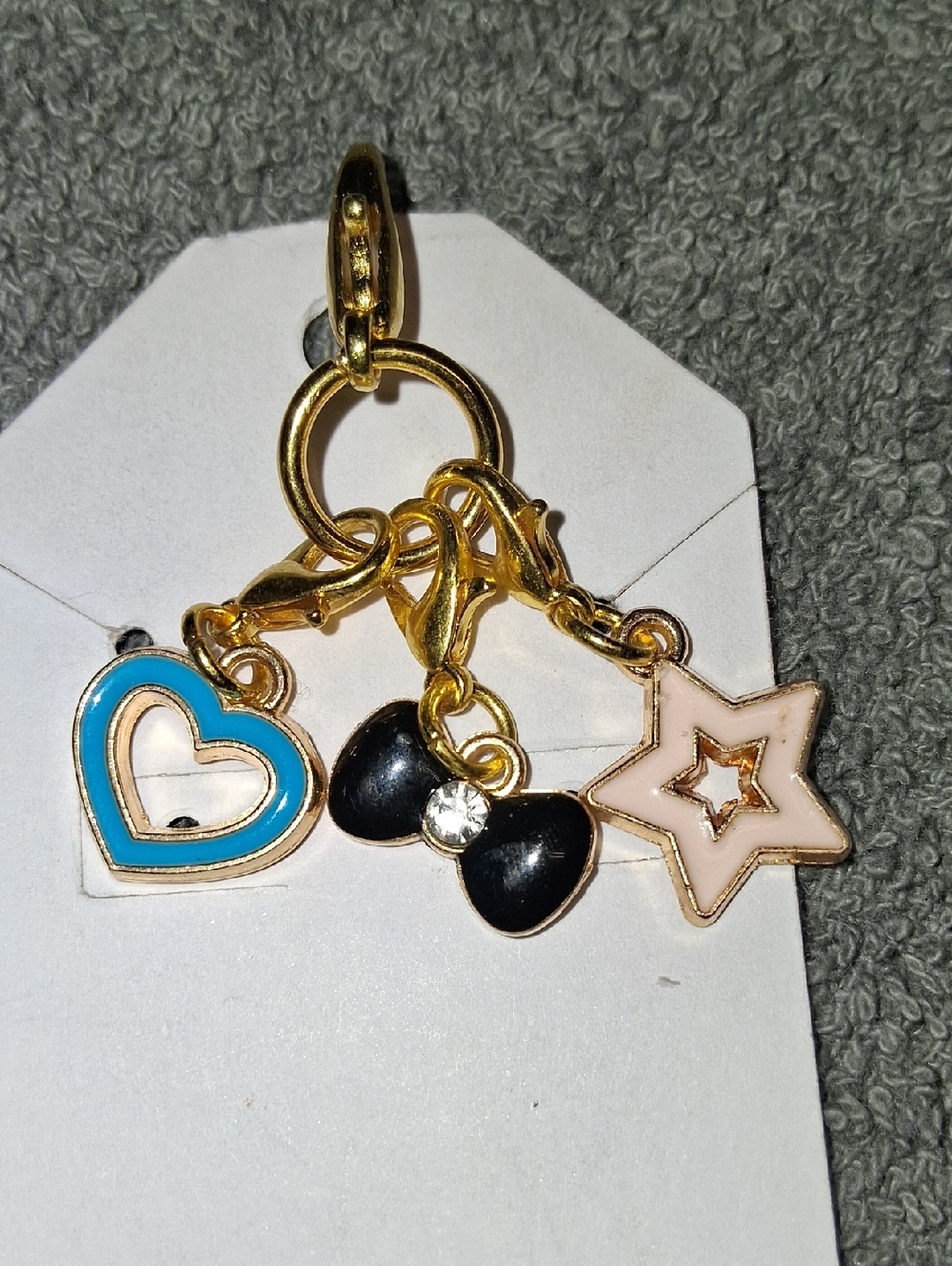 Gold Charm Keycharm with Blue Heart, Black Bow & Pink Star
